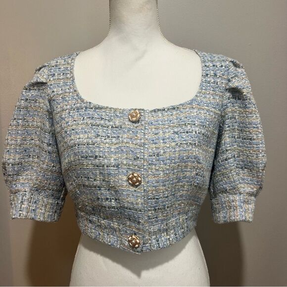 Endless Rose Anthropologie Puff Sleeve Tweed Crop Top size small women's - Picture 5 of 11